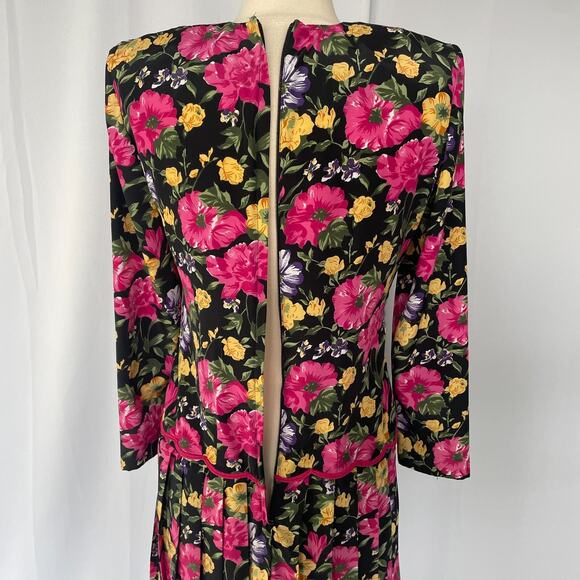 Vintage Midi Dress 6 Black Pink Floral Pleated Drop Waist Romantic Cottage 90s - Picture 8 of 16